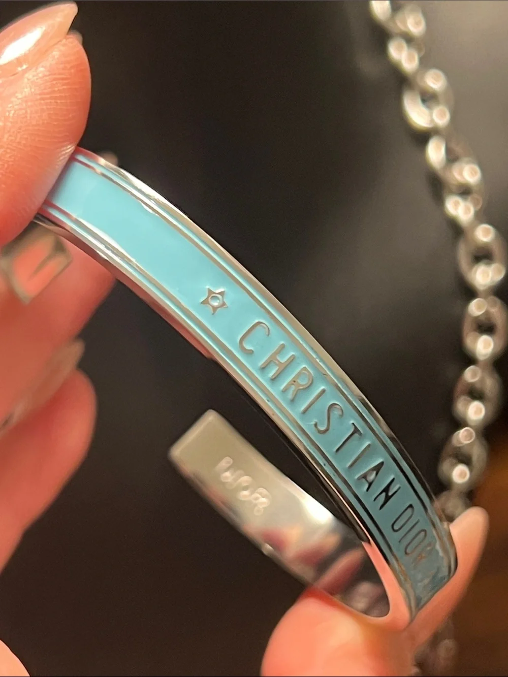 Up Cycled Sky Blue Enamel Logo Bangle Bracelet